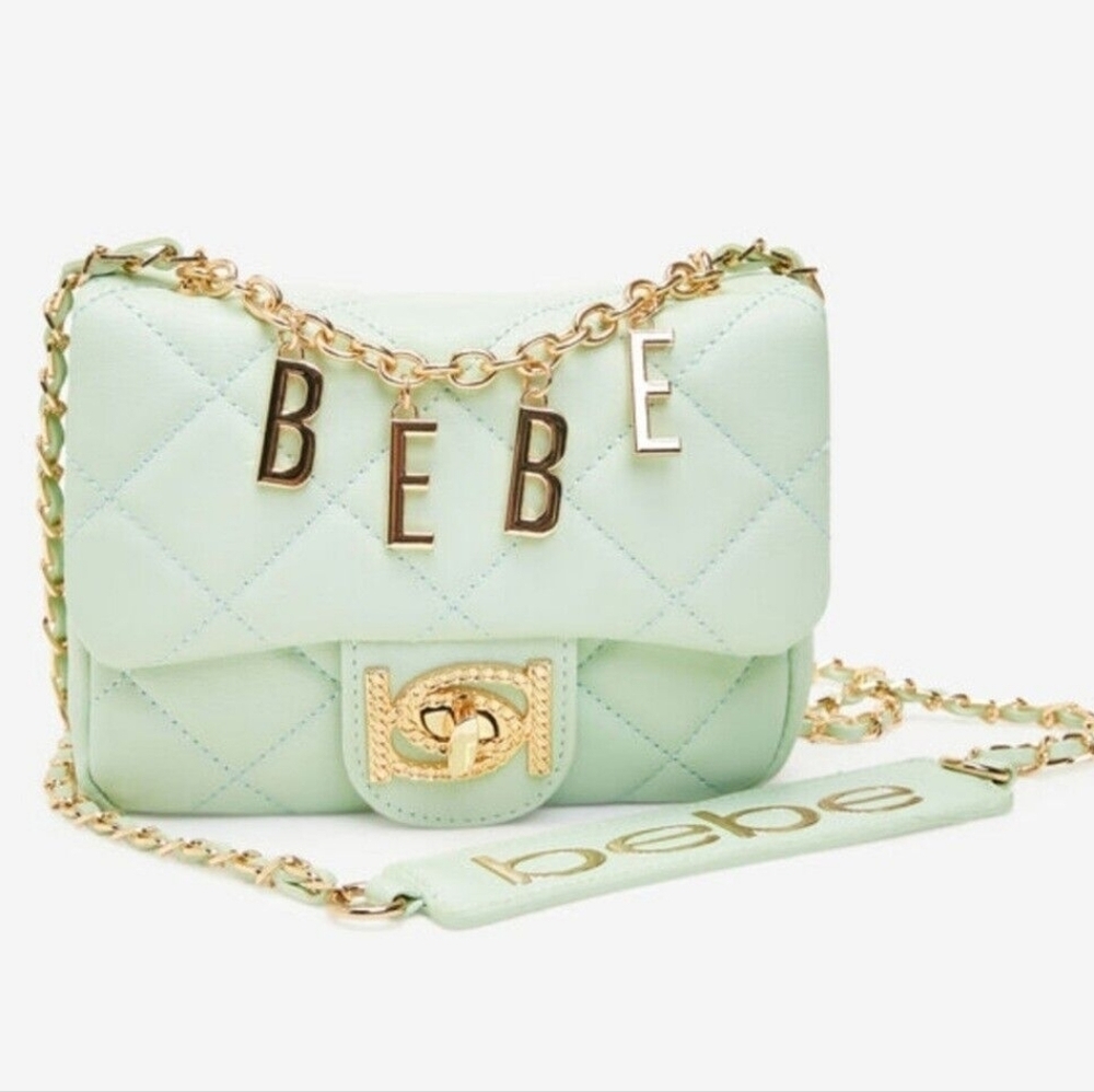 Bebe NWT Wyatt V-Flap Shoulder Bag CrossBody Purse Taupe Gold Chain Mint